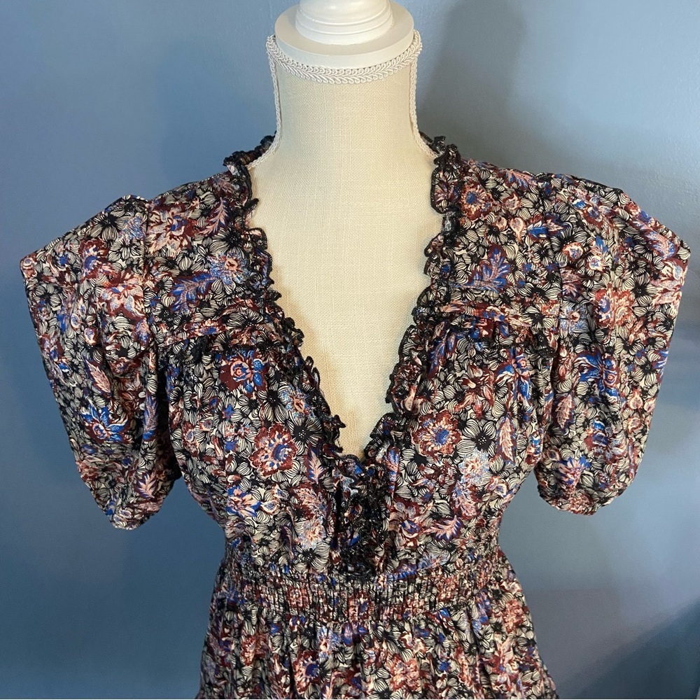 INA Dark Floral Puffy Short Sleeve Smocked Tiered Mini Dress - Picture 6 of 13